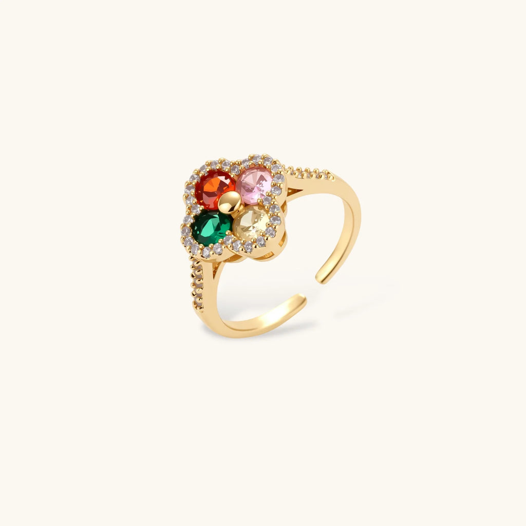 Gold-plated clover jewelry set with red, pink, green and champagne CZ stones surrounded by crystal borders